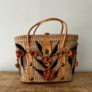 Vintage Tan and Brown Woven Tote Bag